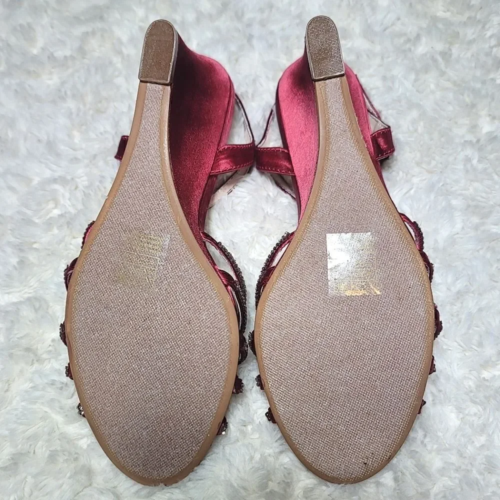 David's Bridal Red Metallic Crystal T-Strap Wedge Heels